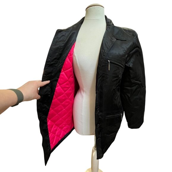 Liz‎ Claiborne Lizsport Black Nylon Satin Hot PInk Lining Womens Jacket Large - Picture 1 of 10